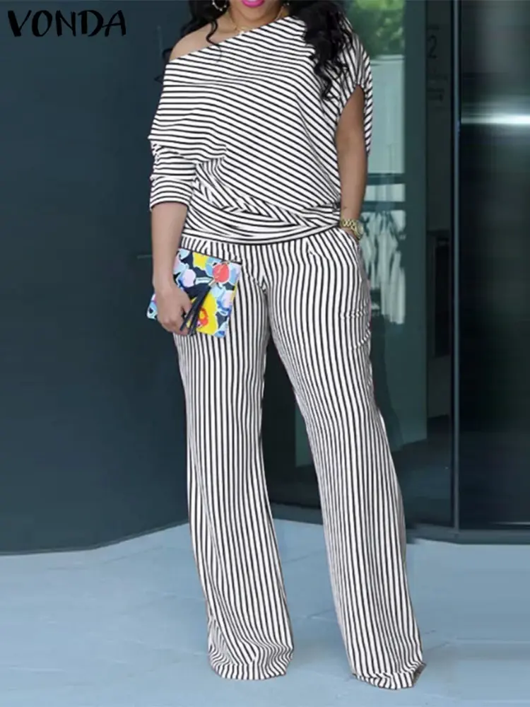 Plus Size VONDA Women Matching Sets 2025 Elegant Off Shoulder Pant Sets Printed Striped Trousers Suits Tops and Wide Leg Pants
