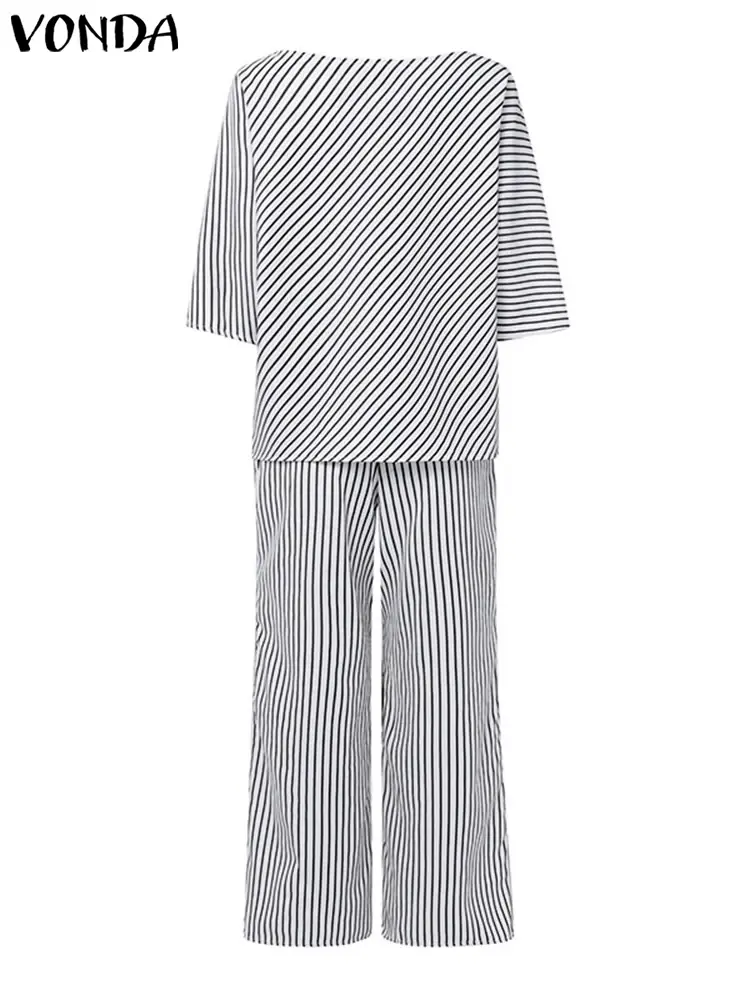 Plus Size VONDA Women Matching Sets 2025 Elegant Off Shoulder Pant Sets Printed Striped Trousers Suits Tops and Wide Leg Pants