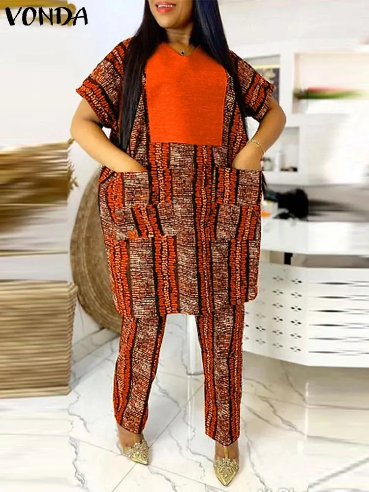 Plus Size 5XL VONDA 2025 Women Long Pant Sets Vintage Printed Patchwork Tops Trousers Suits and Wide Leg Pants Matching Sets