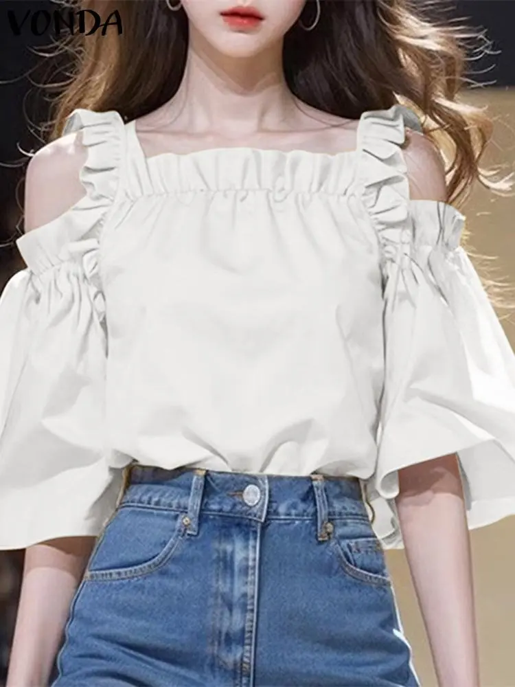 VONDA Oversized Women Blouse 2025 Summer Off Shoulder Tank Tops Fashion Ruffled Shirts Solid Color Tops Tunic Casual Loose Blusa