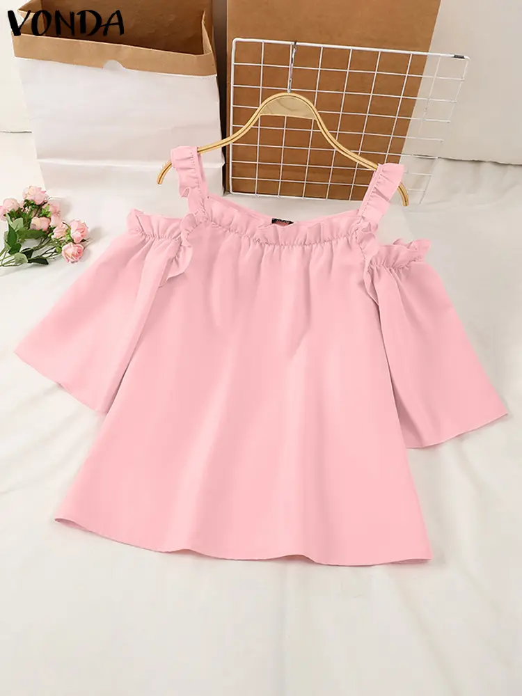 VONDA Oversized Women Blouse 2025 Summer Off Shoulder Tank Tops Fashion Ruffled Shirts Solid Color Tops Tunic Casual Loose Blusa