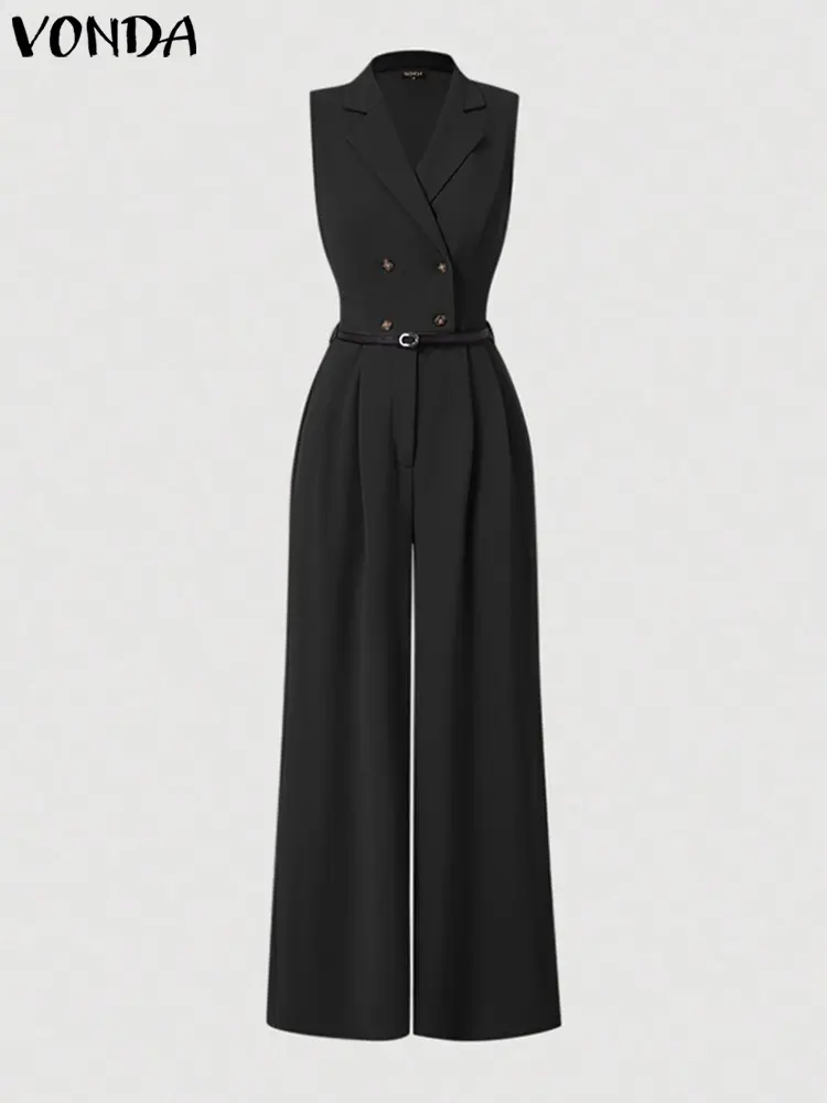 VONDA Women Solid Color Jumpsuits 2024 Sleeveless Playsuits Elegant Rompers Casual Lapel Collar Wide Leg Bottoms Oversized