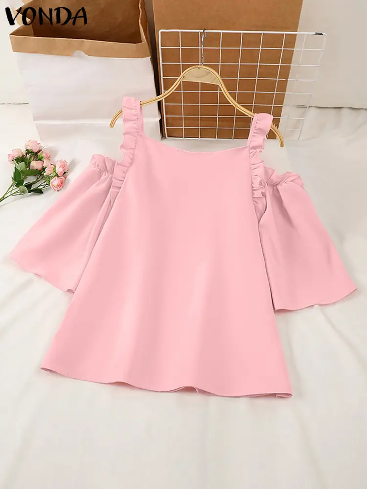 VONDA Oversized Women Blouse 2025 Summer Off Shoulder Tank Tops Fashion Ruffled Shirts Solid Color Tops Tunic Casual Loose Blusa
