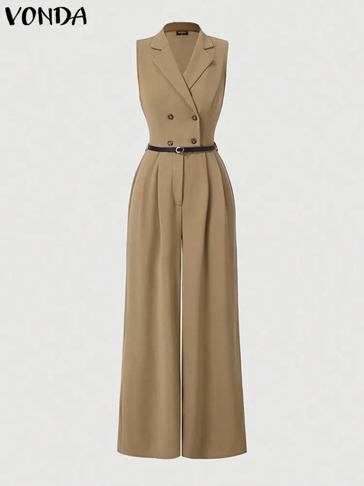 VONDA Women Solid Color Jumpsuits 2024 Sleeveless Playsuits Elegant Rompers Casual Lapel Collar Wide Leg Bottoms Oversized