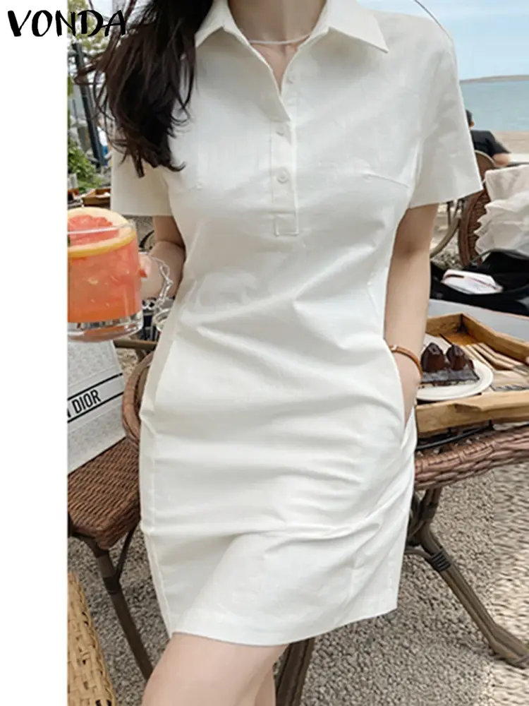 VONDA 2025 Summer Mini Dress Women Elegant Sexy Short Sleeve Solid Color Short Sundress Casual Beach Party Vestidos Robe Femme