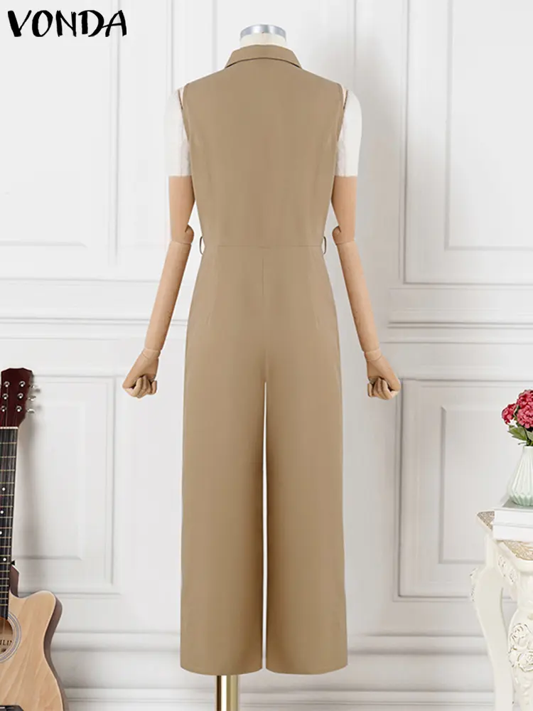 VONDA Women Solid Color Jumpsuits 2024 Sleeveless Playsuits Elegant Rompers Casual Lapel Collar Wide Leg Bottoms Oversized