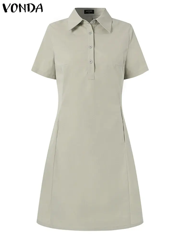 VONDA 2025 Summer Mini Dress Women Elegant Sexy Short Sleeve Solid Color Short Sundress Casual Beach Party Vestidos Robe Femme