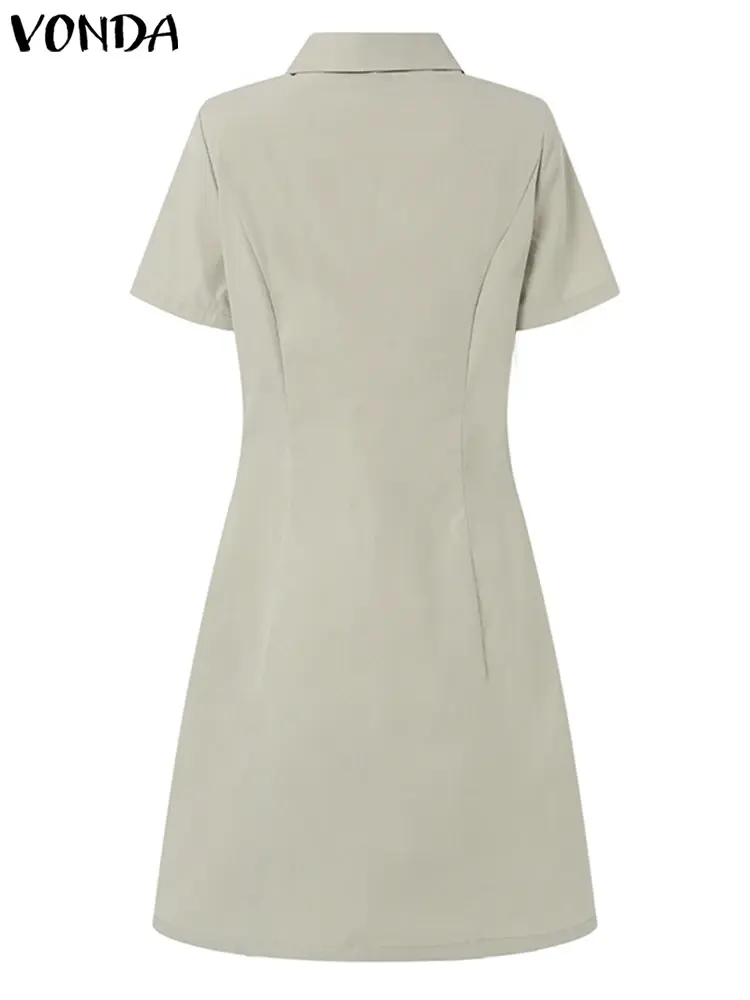 VONDA 2025 Summer Mini Dress Women Elegant Sexy Short Sleeve Solid Color Short Sundress Casual Beach Party Vestidos Robe Femme