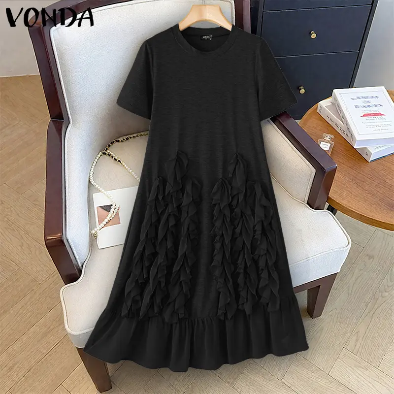 VONDA Women Long Shirt Dress 2025 Summer Pleated Solid Color Midi Sundress Short Sleeve Round Neck Casual Loose Party Vestidos