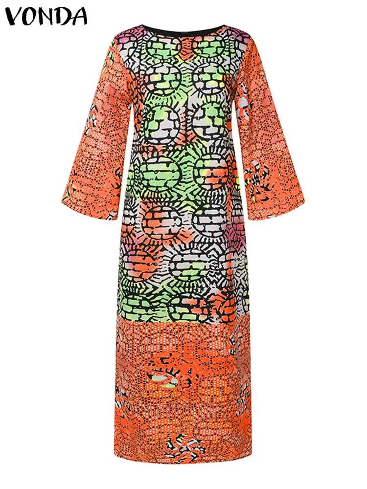 VONDA Women Long Dresses Bohemian Long Flare Sleeve Vestidos 2025 Causal Oversized Sundress Robe Round Neck Loose Robe