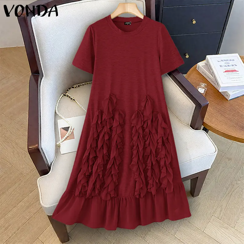 VONDA Women Long Shirt Dress 2025 Summer Pleated Solid Color Midi Sundress Short Sleeve Round Neck Casual Loose Party Vestidos