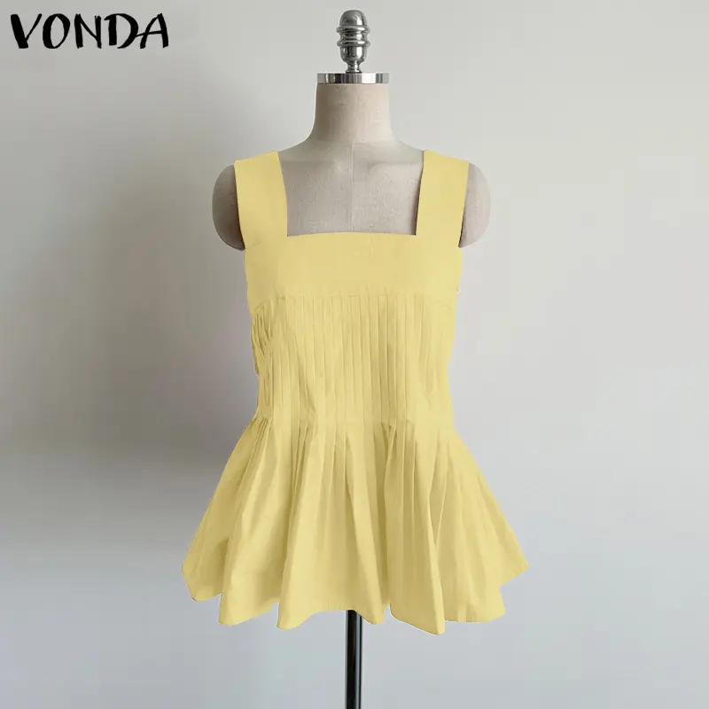 VONDA Summer Women Tank Tops Fashion 2025 Sleeveless Solid Color Tees Pleated Sexy Tanks Casual Square Collar Ruffled Tunic