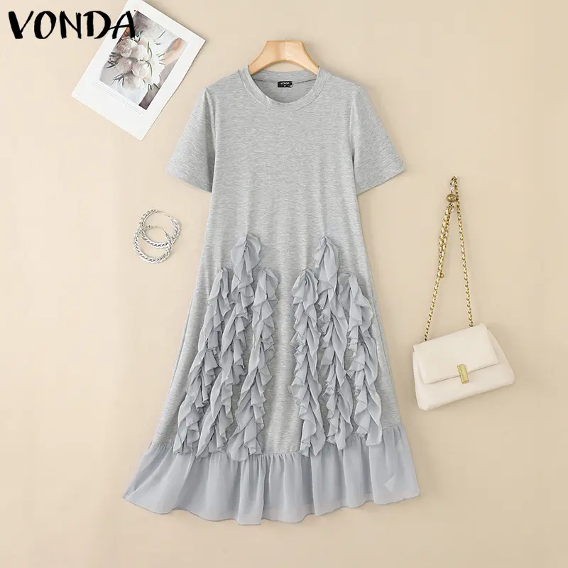 VONDA Women Long Shirt Dress 2025 Summer Pleated Solid Color Midi Sundress Short Sleeve Round Neck Casual Loose Party Vestidos