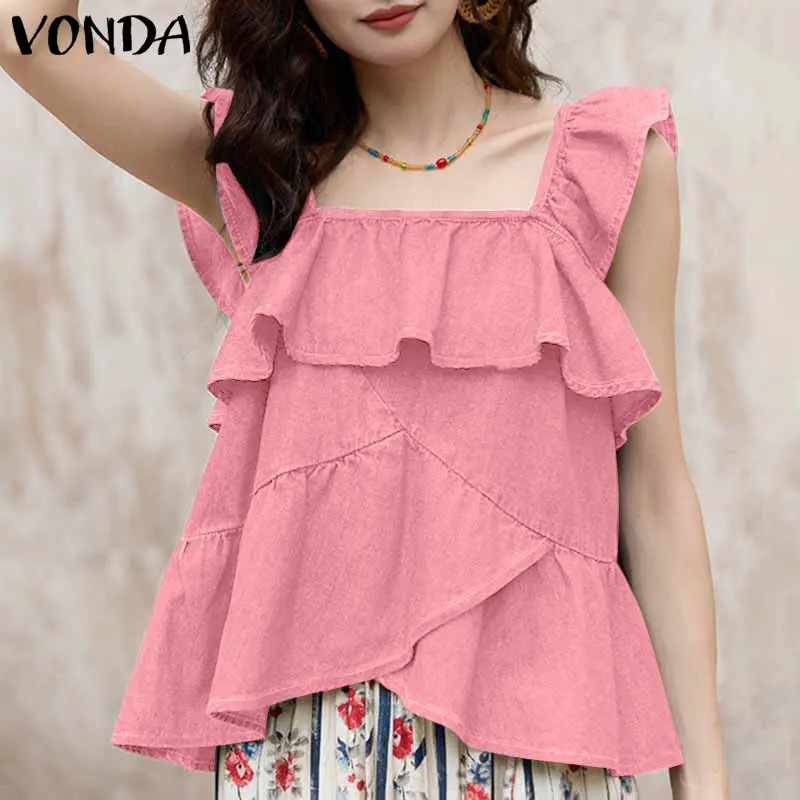 VONDA Sexy Square Collar Tanks Tops Women Summer Sleeveless Ruffled Tees 2025 Fashion Casual Solid Asymmetric Shirts Loose Tunic