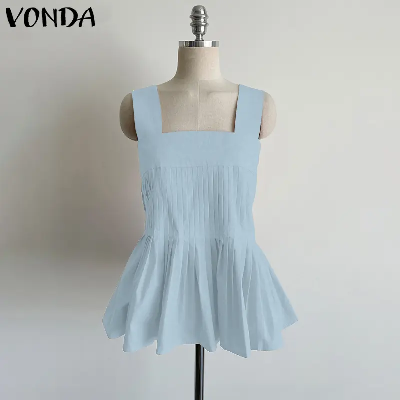 VONDA Summer Women Tank Tops Fashion 2025 Sleeveless Solid Color Tees Pleated Sexy Tanks Casual Square Collar Ruffled Tunic