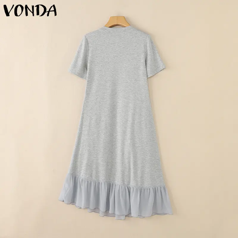 VONDA Women Long Shirt Dress 2025 Summer Pleated Solid Color Midi Sundress Short Sleeve Round Neck Casual Loose Party Vestidos