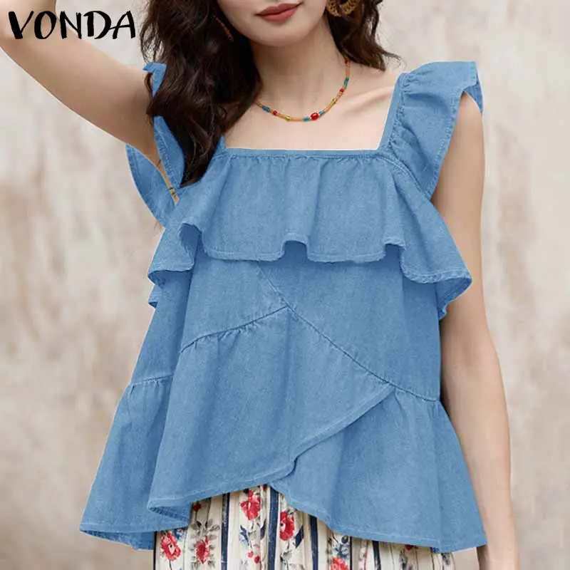 VONDA Sexy Square Collar Tanks Tops Women Summer Sleeveless Ruffled Tees 2025 Fashion Casual Solid Asymmetric Shirts Loose Tunic