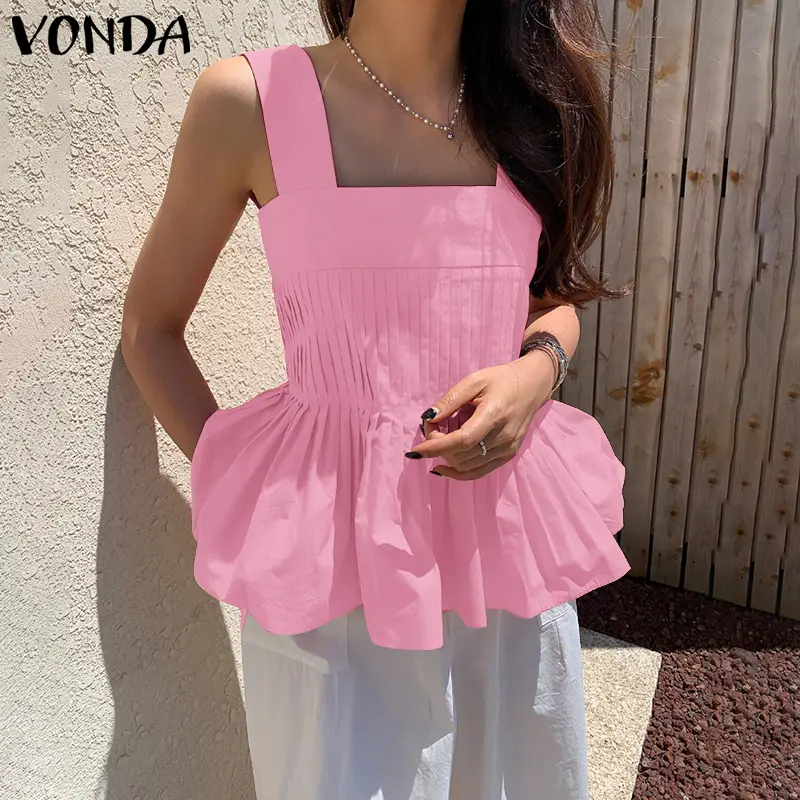 VONDA Summer Women Tank Tops Fashion 2025 Sleeveless Solid Color Tees Pleated Sexy Tanks Casual Square Collar Ruffled Tunic
