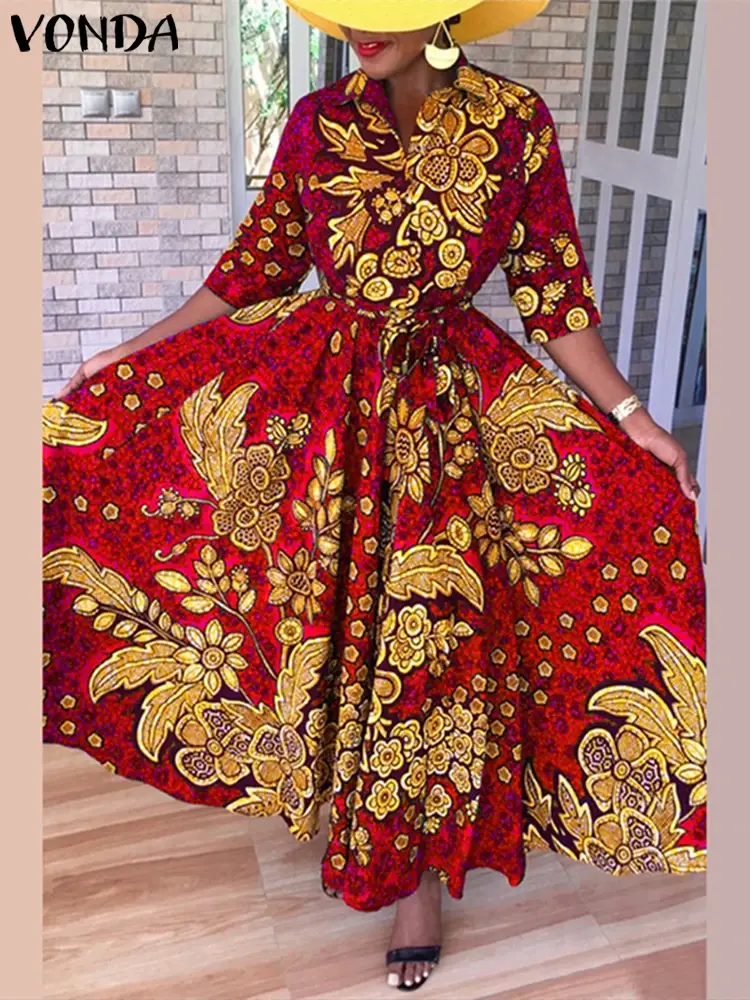 Plus Size 5XL VONDA Summer Floral Printed Maxi Dress Women Bohemian Lapel Buttons Long Shirt Vestidos 3/4 Sleeve Casual Oversize
