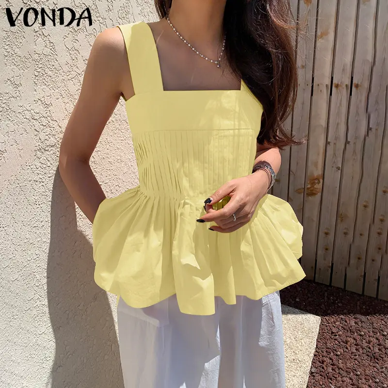 VONDA Summer Women Tank Tops Fashion 2025 Sleeveless Solid Color Tees Pleated Sexy Tanks Casual Square Collar Ruffled Tunic