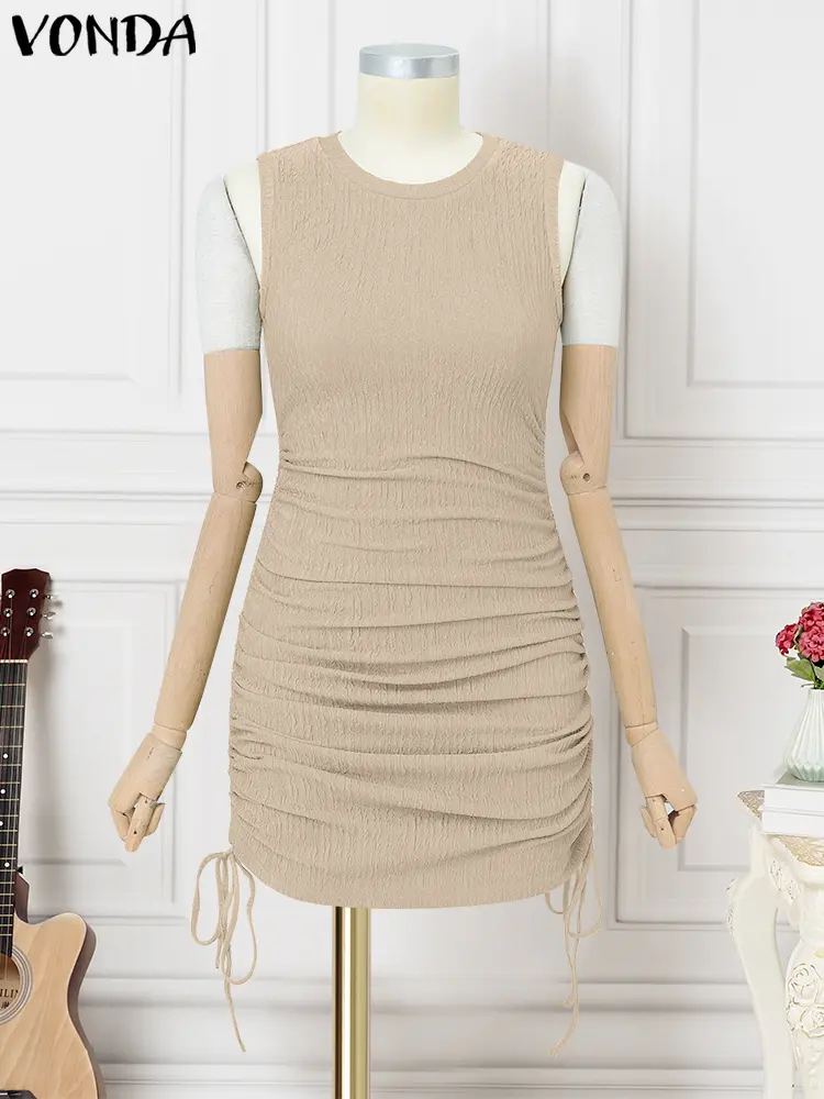 VONDA 2025 Summer Tank Dress Solid Sexy Seeveless Mini Vestidos Women Elegant Lace-Up Pleated Club Party Sundress Casual Robe