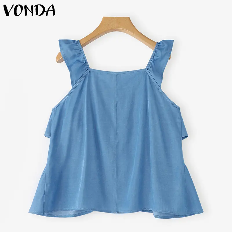 VONDA Sexy Square Collar Tanks Tops Women Summer Sleeveless Ruffled Tees 2025 Fashion Casual Solid Asymmetric Shirts Loose Tunic