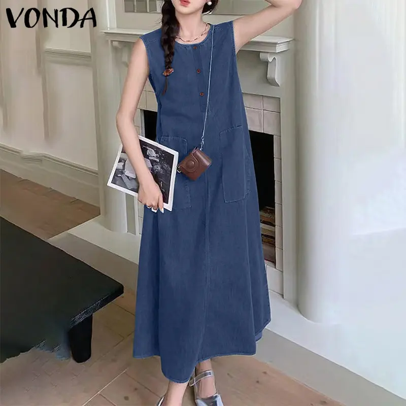 VONDA Women Denim Long Maxi Dress Summer Sleeveless Solid Color Pockets Holiday Sundress 2025 Fashion Round Neck Elegant Vestido