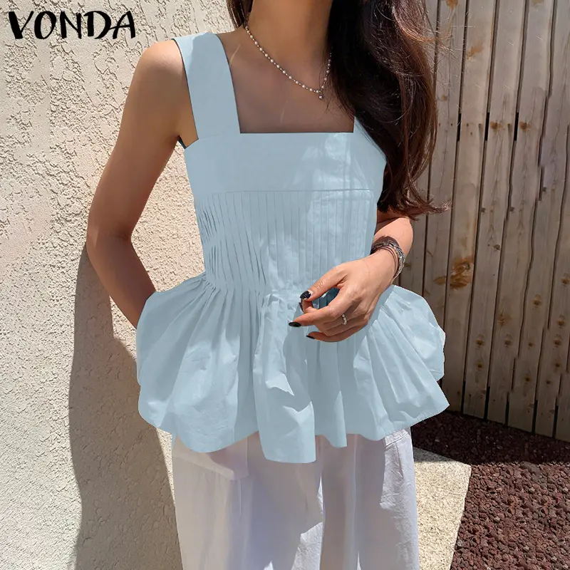 VONDA Summer Women Tank Tops Fashion 2025 Sleeveless Solid Color Tees Pleated Sexy Tanks Casual Square Collar Ruffled Tunic
