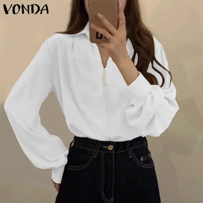 VONDA 2025 Summer Women Pearl Elegant Blouse Long Puff Sleeve Tops Tunic Casual Solid Color Lapel Shirts Fashion Tops Blusas