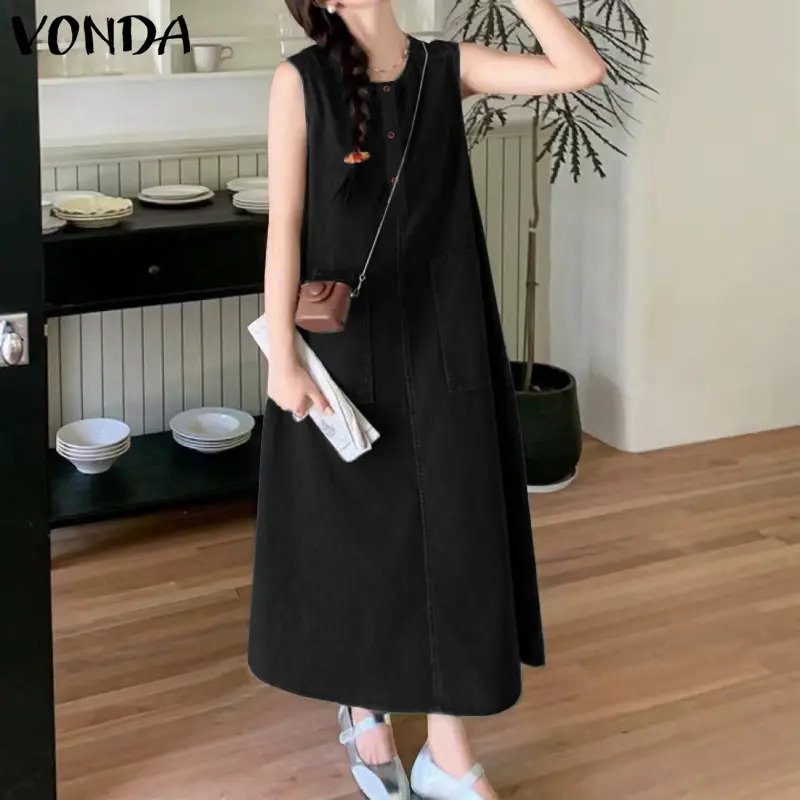 VONDA Women Denim Long Maxi Dress Summer Sleeveless Solid Color Pockets Holiday Sundress 2025 Fashion Round Neck Elegant Vestido