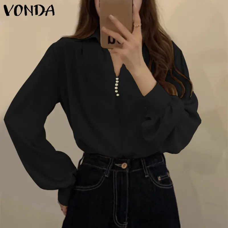 VONDA 2025 Summer Women Pearl Elegant Blouse Long Puff Sleeve Tops Tunic Casual Solid Color Lapel Shirts Fashion Tops Blusas
