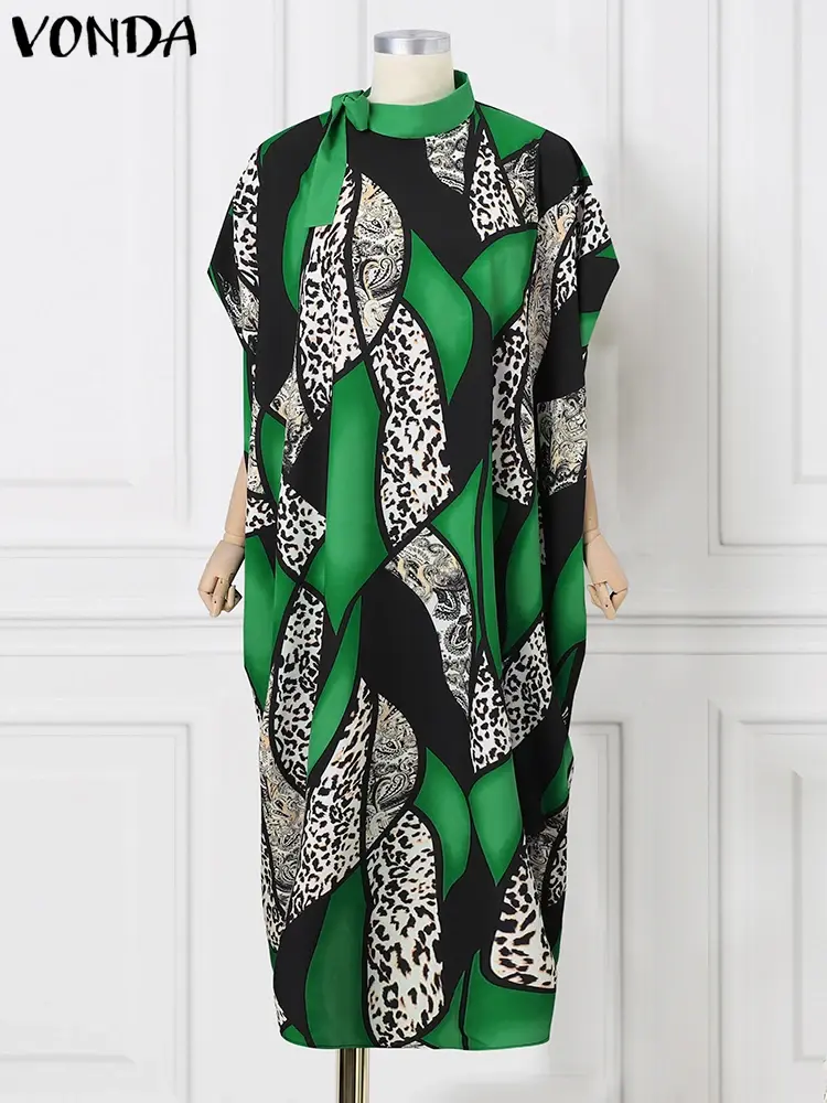 Plus Size 5XL VONDA 2025 Summer Women Leopard Print Long Dress Bohemian Lace Up Maxi Sundress Half High Collar Bat Sleeve Robe