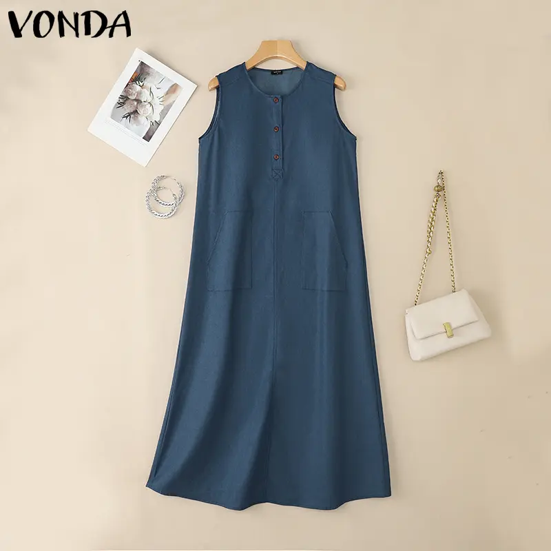 VONDA Women Denim Long Maxi Dress Summer Sleeveless Solid Color Pockets Holiday Sundress 2025 Fashion Round Neck Elegant Vestido