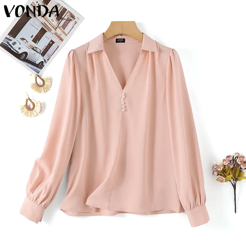 VONDA 2025 Summer Women Pearl Elegant Blouse Long Puff Sleeve Tops Tunic Casual Solid Color Lapel Shirts Fashion Tops Blusas