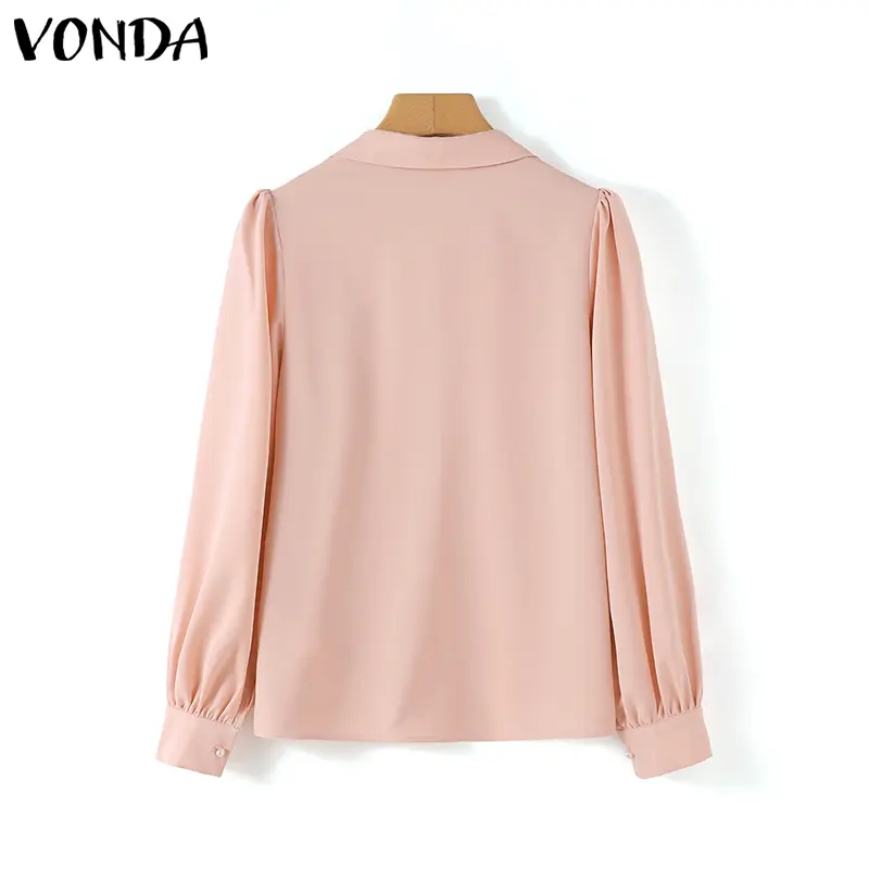 VONDA 2025 Summer Women Pearl Elegant Blouse Long Puff Sleeve Tops Tunic Casual Solid Color Lapel Shirts Fashion Tops Blusas
