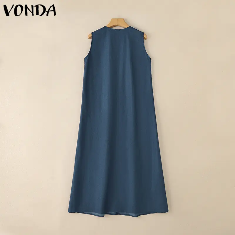 VONDA Women Denim Long Maxi Dress Summer Sleeveless Solid Color Pockets Holiday Sundress 2025 Fashion Round Neck Elegant Vestido