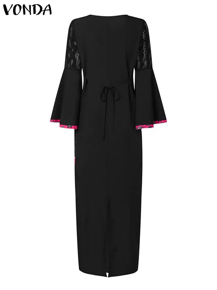 Plus Size 5XL VONDA 2025 Women Print Maxi Dress Summer Fashion Elegant Lace Patchwork Flare Sleeve Party Sundress Loose Vestido