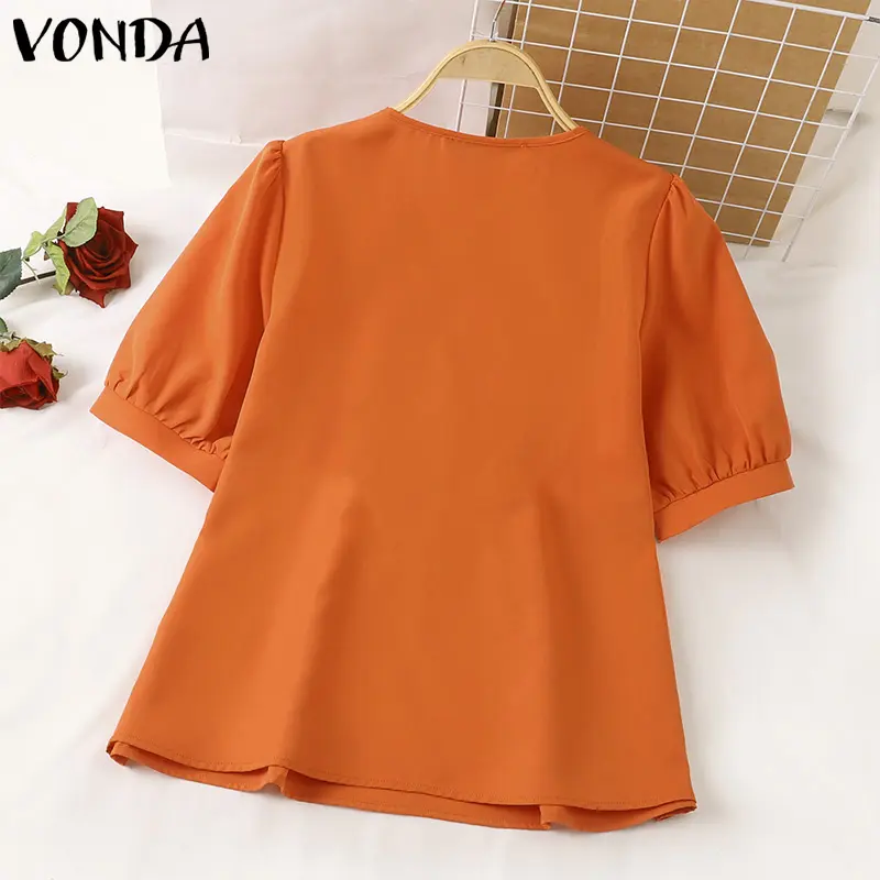Plus Size 5XL VONDA 2025 Summer Elegant Blouses Ruffled Women Casual Tunic Tops Short Sleeve V-Neck Loose Solid Shirts Blusas