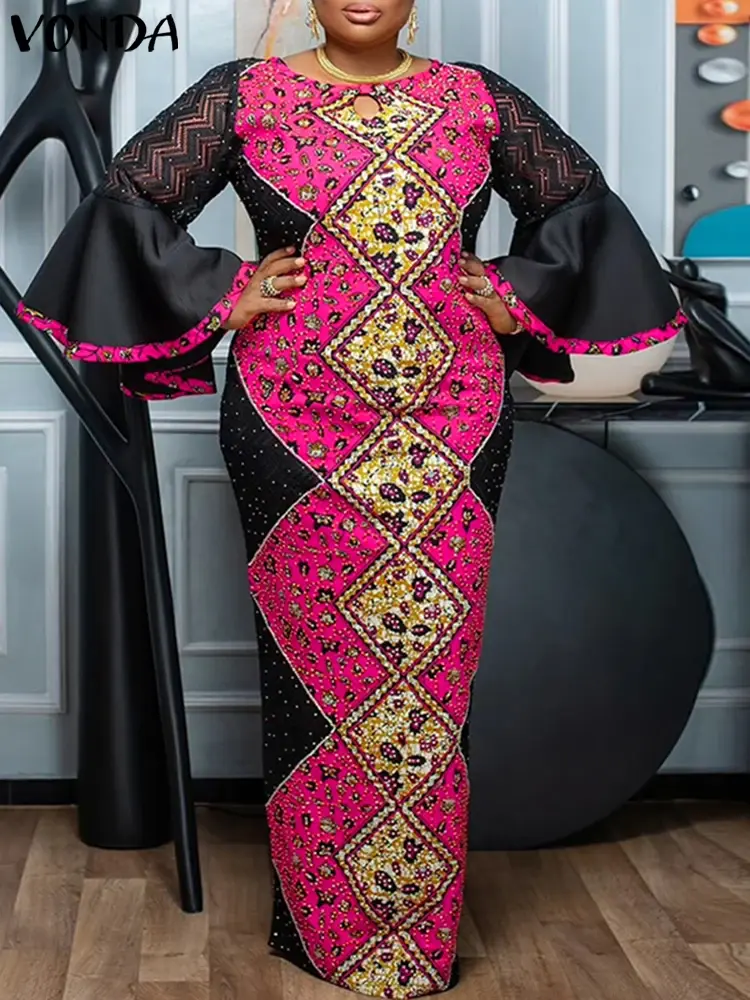Plus Size 5XL VONDA 2025 Women Print Maxi Dress Summer Fashion Elegant Lace Patchwork Flare Sleeve Party Sundress Loose Vestido