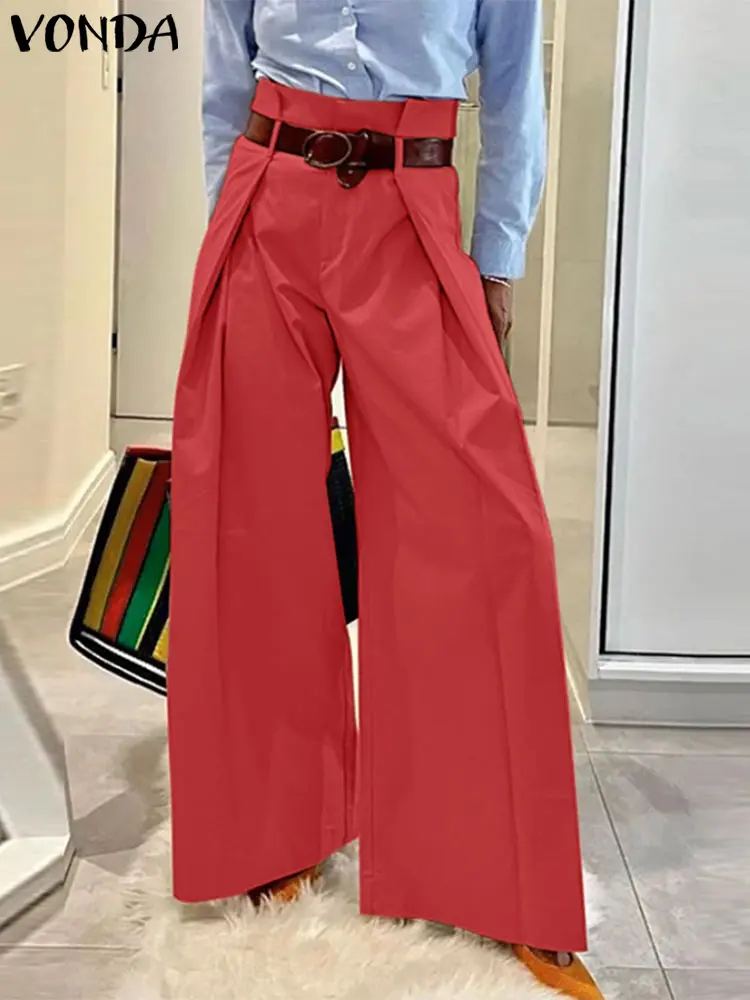 VONDA Plus Size 5XL Elegant OL Office Pants Women High Waist Casual Solid Long Trousers 2025 Loose Wide Leg Pantalons Streetwear