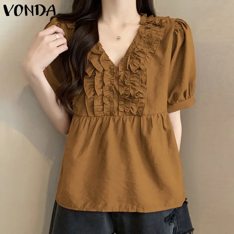Plus Size 5XL VONDA 2025 Summer Elegant Blouses Ruffled Women Casual Tunic Tops Short Sleeve V-Neck Loose Solid Shirts Blusas
