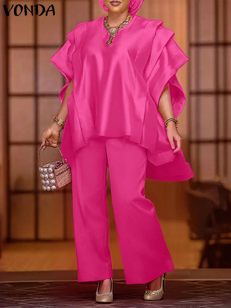 Plus Size VONDA Elegant Pant Sets Women Summer Satin Solid Office Sets Fashion Short Sleeve Pleated Tops and Long Pants Outfits