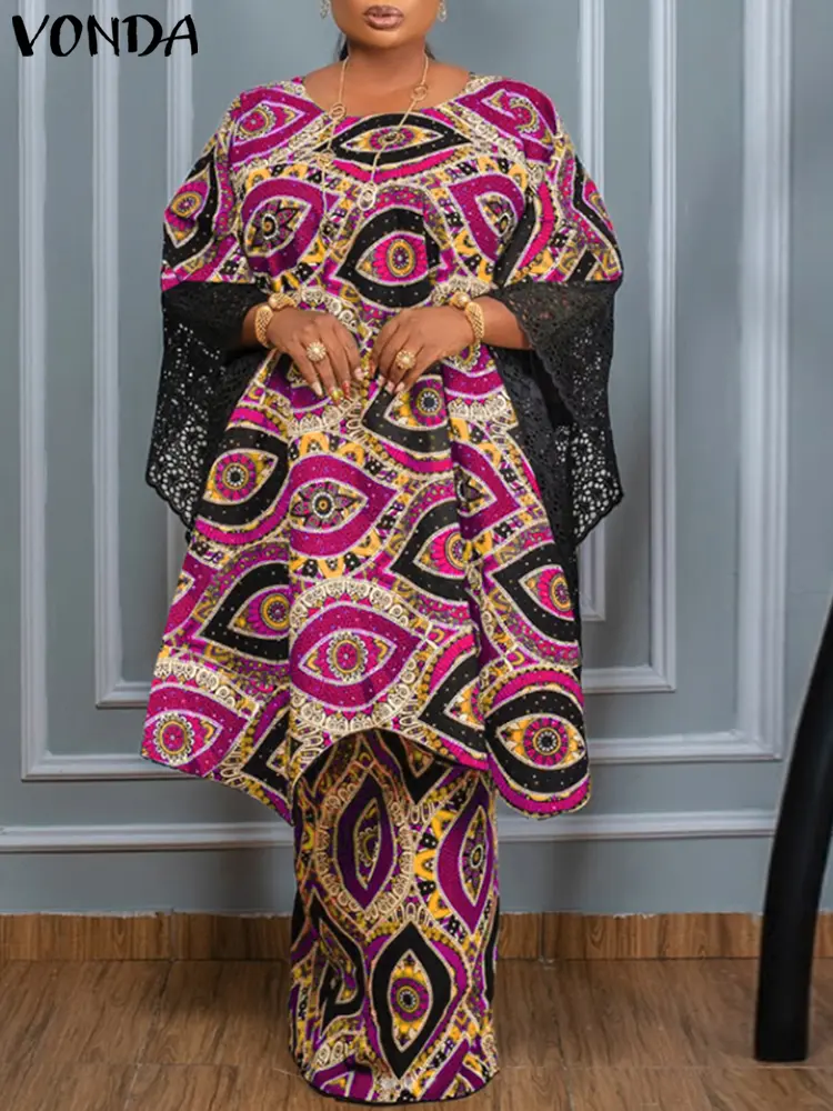 VONDA Plus Size 5XL Summer Bohemian Dress Sets 2025 Women Lace Pacthwork Long Top Maxi Dress Printed Suits Outfits Casual Sets