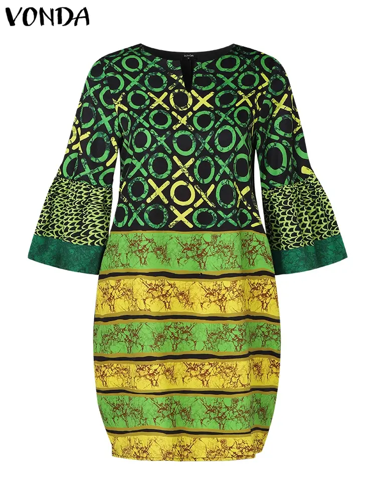 VONDA 2025 Summer Women Bohemian Printed Dress Mini Vestidos Vintage V-Neck Flare Sleeve A-Line Party Sundress Loose Oversized