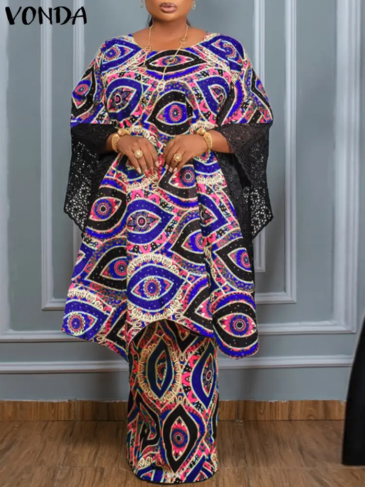 VONDA Plus Size 5XL Summer Bohemian Dress Sets 2025 Women Lace Pacthwork Long Top Maxi Dress Printed Suits Outfits Casual Sets