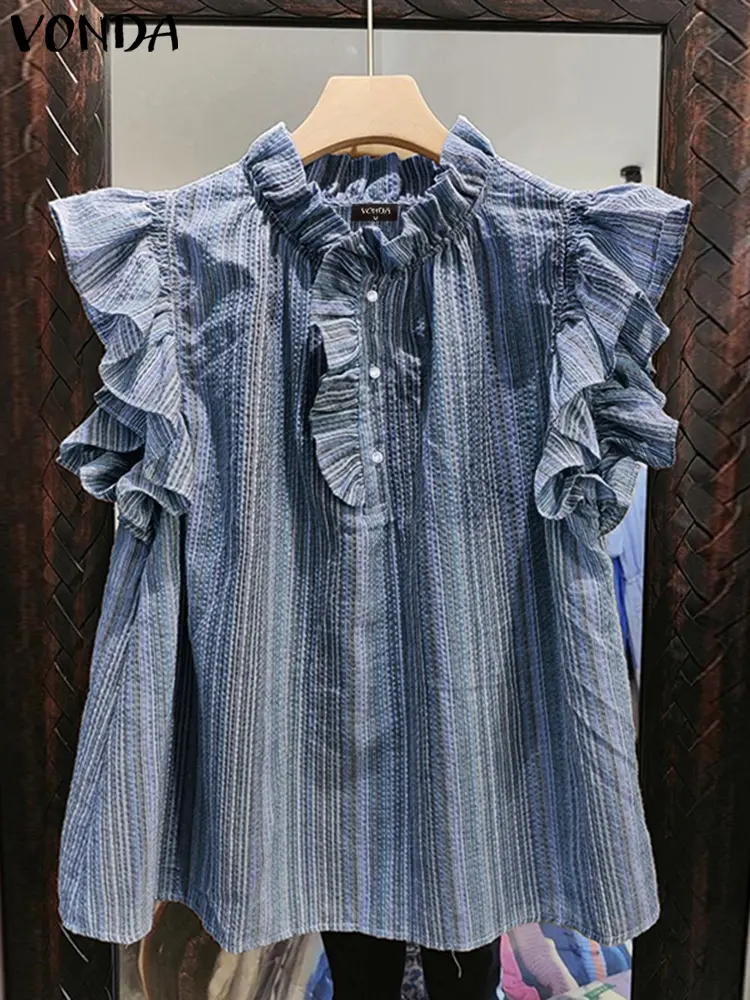 Summer Sleeveless Ruffles Stripe Tops Tee Women Tank Tops VONDA Fashion Stand Collar Blusas Streetwear OL Party Tops Tanks