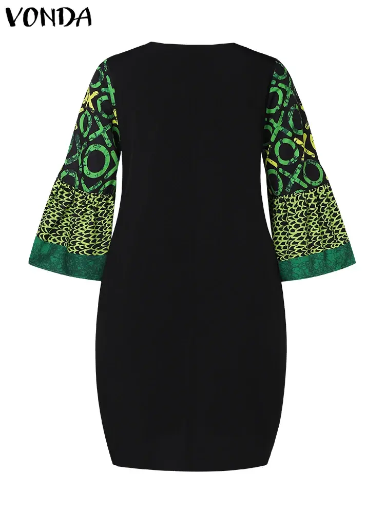 VONDA 2025 Summer Women Bohemian Printed Dress Mini Vestidos Vintage V-Neck Flare Sleeve A-Line Party Sundress Loose Oversized