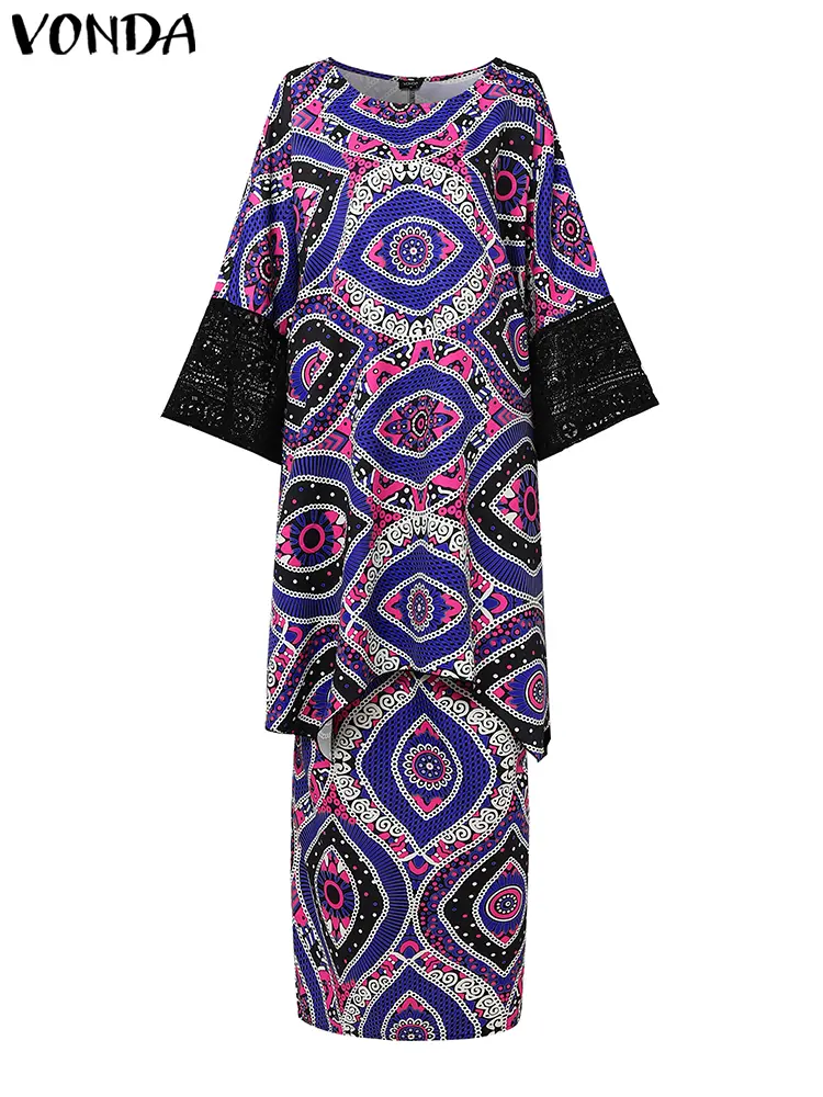 VONDA Plus Size 5XL Summer Bohemian Dress Sets 2025 Women Lace Pacthwork Long Top Maxi Dress Printed Suits Outfits Casual Sets