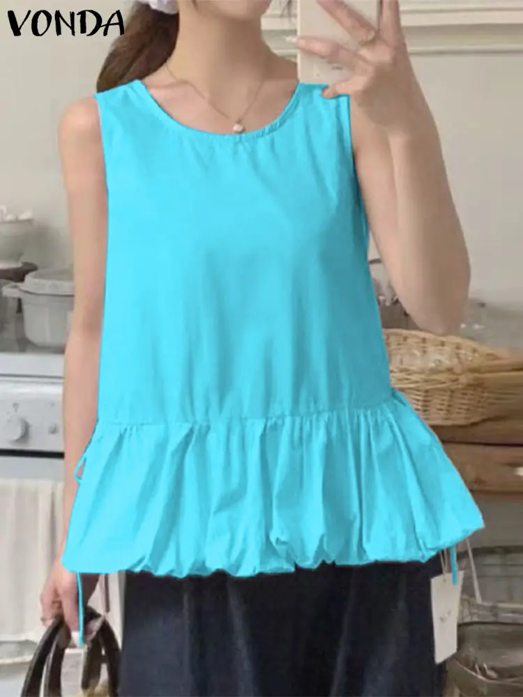 VONDA Summer Korean Tank Tops 2025 Women Casual Sleeveless Tunic Tees Loose Ruffled Shirts Fashion Solid Color Blusas Femininas