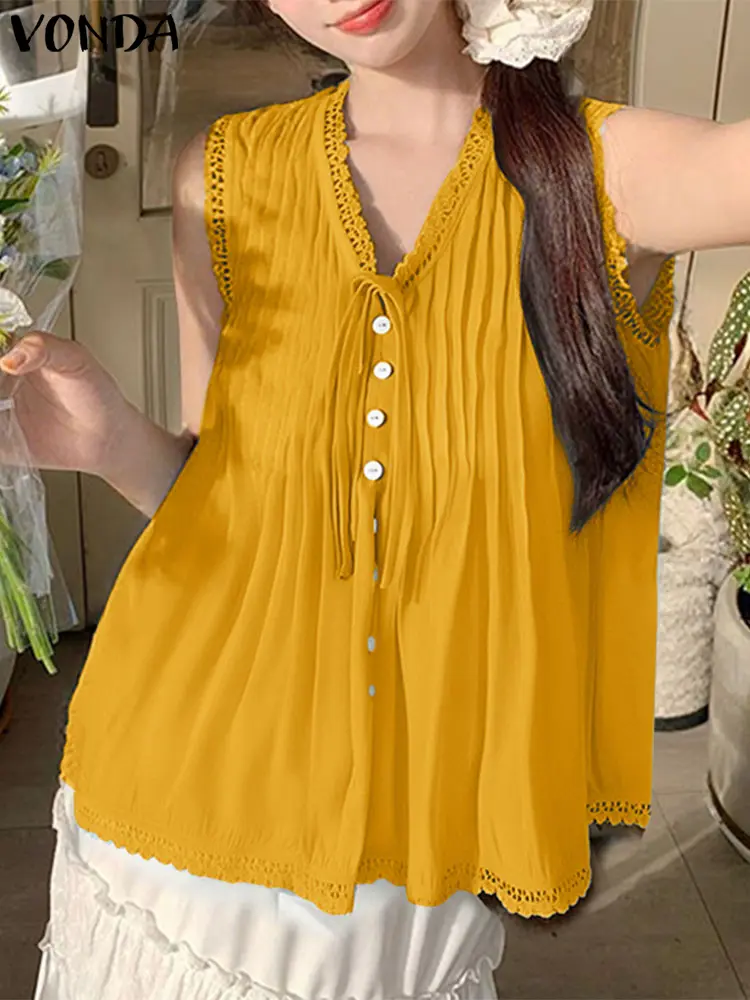 VONDA 2025 Summer Women Tanks Tops Casual V Neck Tanks Solid Color Blouses Korean Tees Sexy Sleeveless Pleated Lace-Up Tunic
